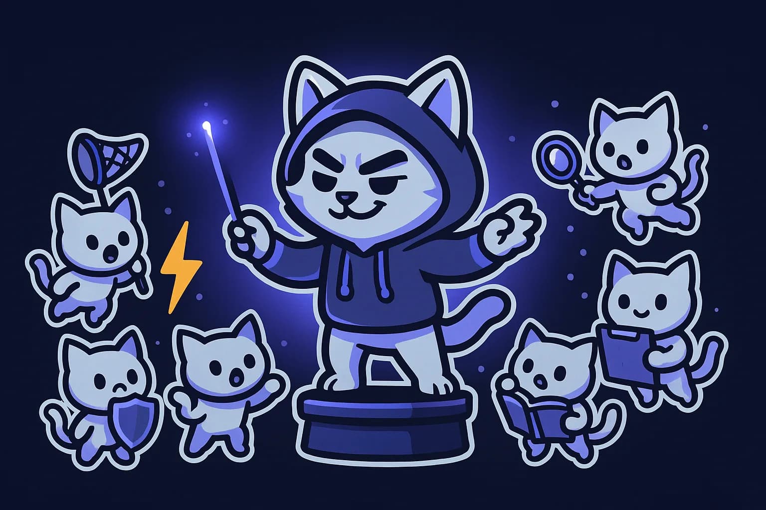 The LGTM mascot conducting six specialist kitten agents