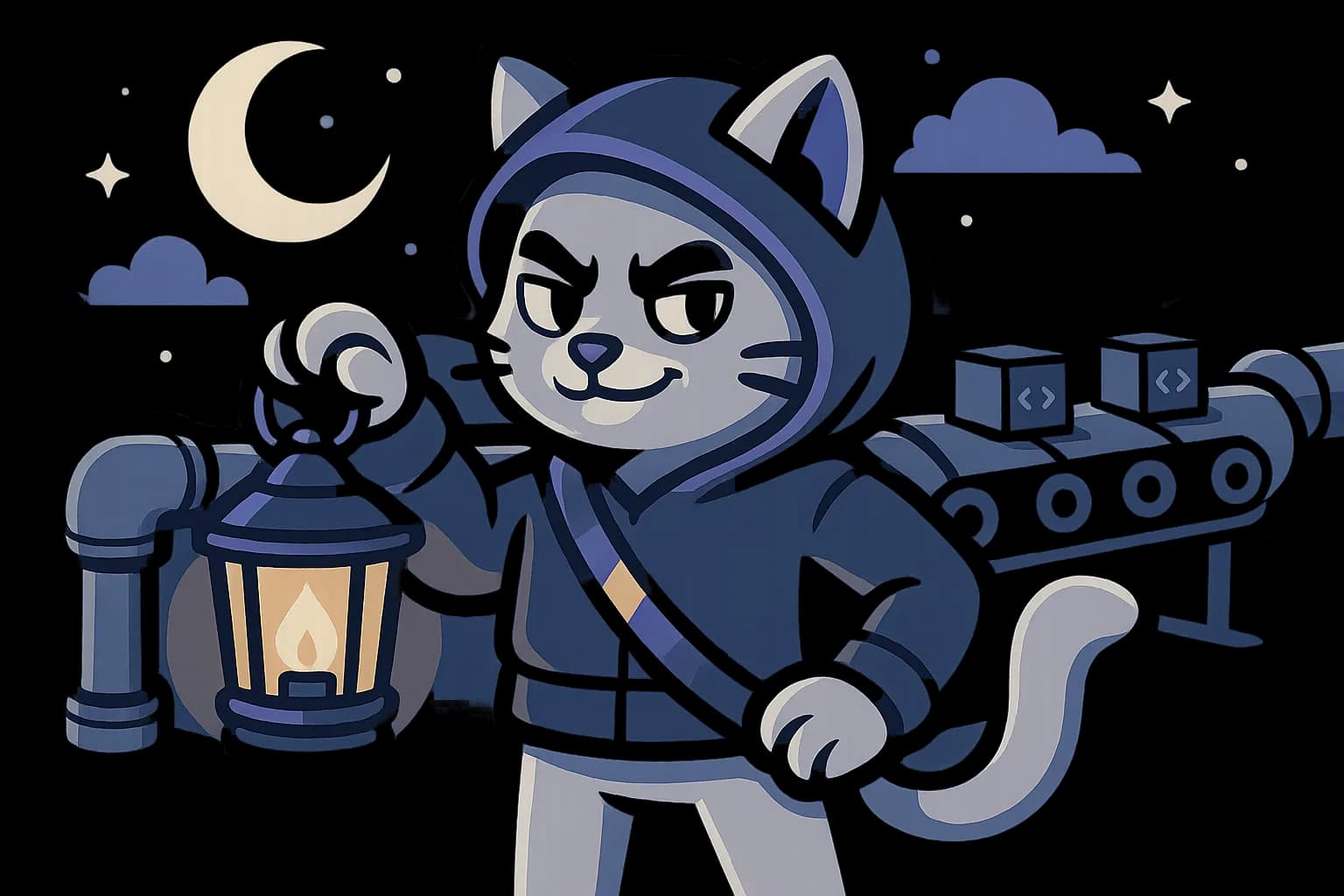 The LGTM mascot as a night watch guarding a CI pipeline